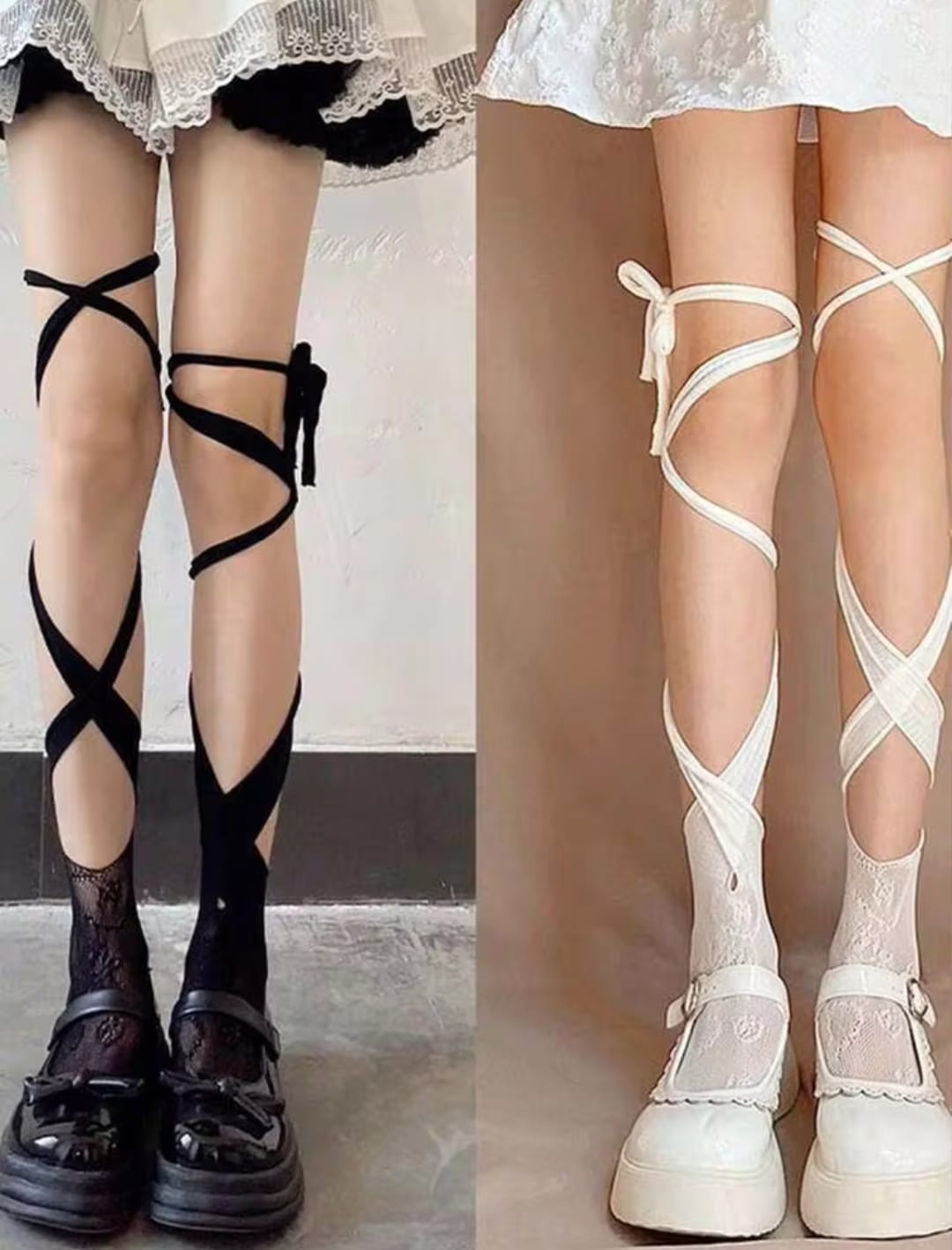 Women's White Long Over Knee Socks with Wrap-Around Strap Design | Korean Kawaii Aesthetic Fashion Socks